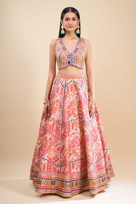 Samyukta Singhania_Pink Brocade, Organza Foil Printing, Sequins, Gota Patti, Zari, Lehenga Set _Online_at_Aza_Fashions