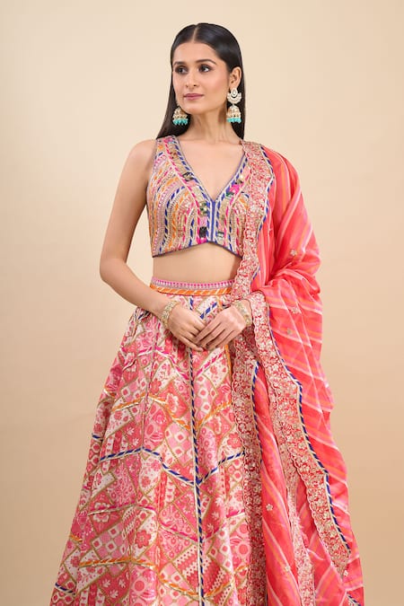 Buy_Samyukta Singhania_Pink Brocade, Organza Foil Printing, Sequins, Gota Patti, Zari, Lehenga Set _Online_at_Aza_Fashions