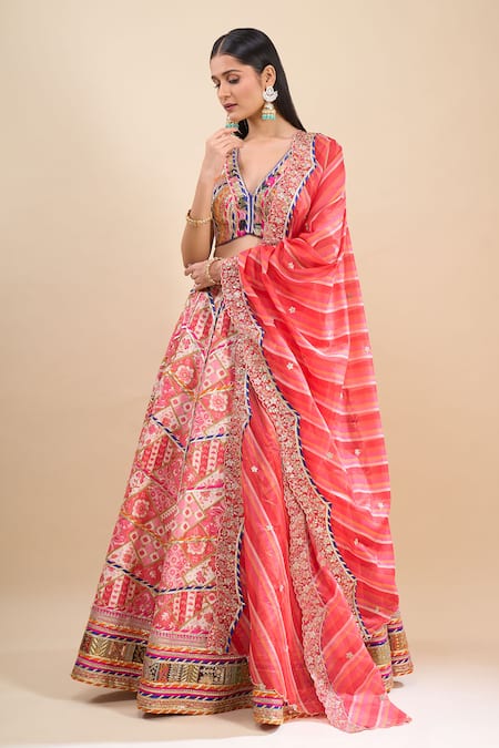 Shop_Samyukta Singhania_Pink Brocade, Organza Foil Printing, Sequins, Gota Patti, Zari, Lehenga Set _Online_at_Aza_Fashions