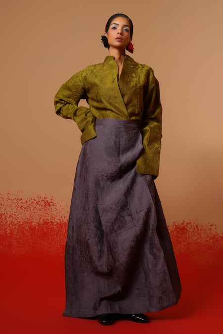 Stoique Olive Green Silk Embroidery Mandarin Collar Haze Mysore Shirt 