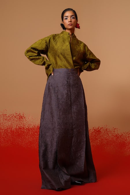 Stoique_Olive Green Silk Embroidery Mandarin Collar Haze Mysore Shirt _Online_at_Aza_Fashions