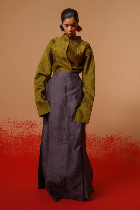 Buy_Stoique_Olive Green Silk Embroidery Mandarin Collar Haze Mysore Shirt _Online_at_Aza_Fashions