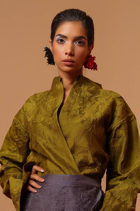 Stoique_Olive Green Silk Embroidery Mandarin Collar Haze Mysore Shirt _at_Aza_Fashions