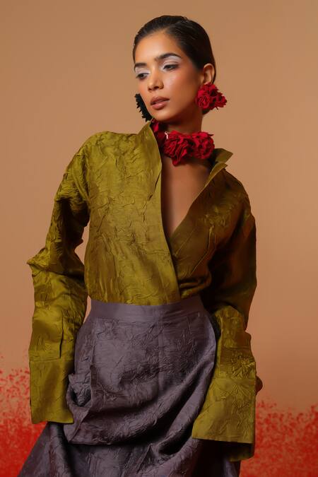 Buy_Stoique_Olive Green Silk Embroidery Mandarin Collar Haze Mysore Shirt 