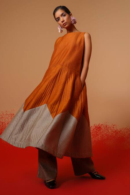 Stoique_Rust Silk Round Neck Eddy Mysore Dress _Online_at_Aza_Fashions