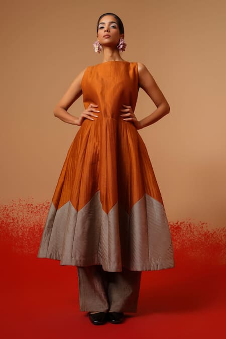 Stoique Rust Silk Round Neck Eddy Mysore Dress 