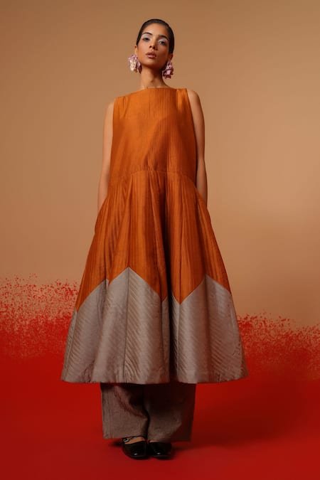 Shop_Stoique_Rust Silk Round Neck Eddy Mysore Dress _Online_at_Aza_Fashions