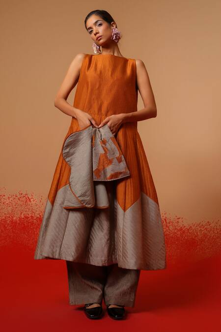 Stoique_Rust Silk Round Neck Eddy Mysore Dress _at_Aza_Fashions