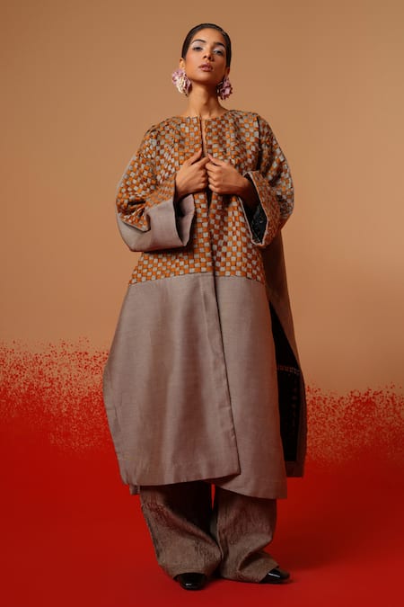 Stoique Gray Silk Patchwork Round Neck Current Overlay Chequered Jacket 
