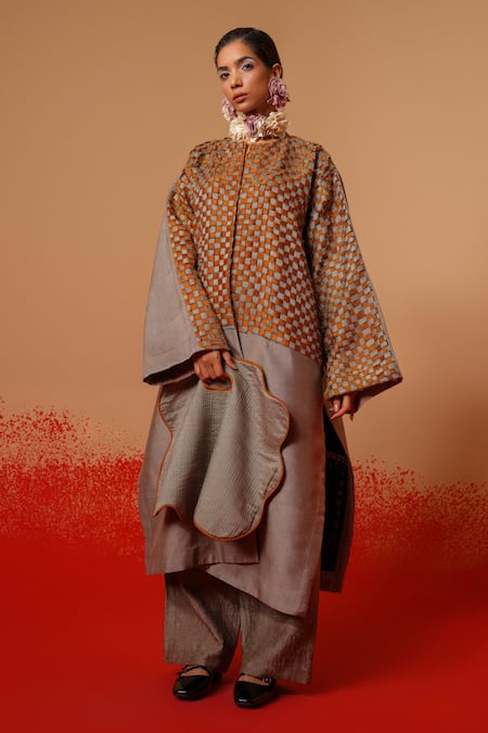 Stoique_Gray Silk Patchwork Round Neck Current Overlay Chequered Jacket _at_Aza_Fashions