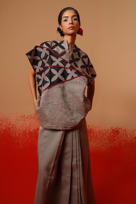 Stoique Gray Silk Mandarin Collar Mist Mysore Top 