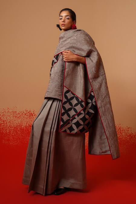 Stoique_Gray Embroidery Mist Scarf _Online_at_Aza_Fashions