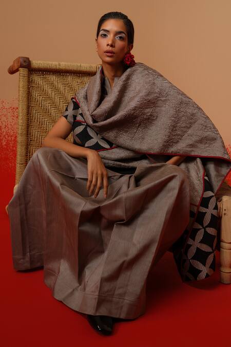 Buy_Stoique_Gray Embroidery Mist Scarf _Online_at_Aza_Fashions