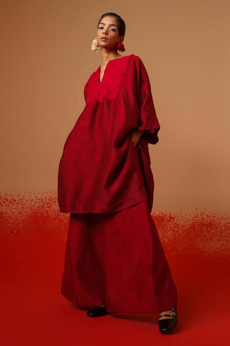 Shop_Stoique_Red Silk Embroidery Split V-neck Beam Mysore Tunic _Online_at_Aza_Fashions