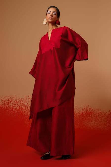 Stoique_Red Silk Root Mysore Pant _at_Aza_Fashions