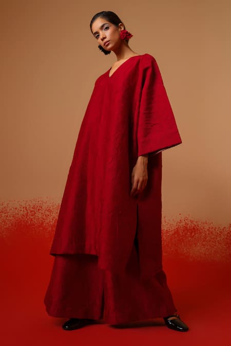 Stoique_Red Silk Embroidery V-neck Flow Floral Pattern Tunic _Online_at_Aza_Fashions