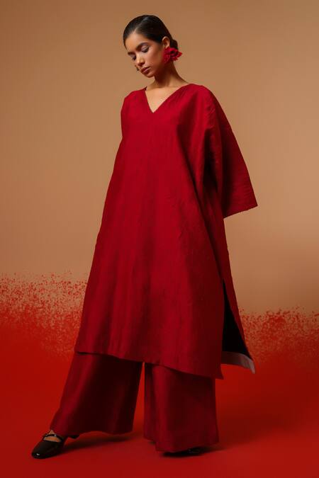 Buy_Stoique_Red Silk Embroidery V-neck Flow Floral Pattern Tunic _Online_at_Aza_Fashions