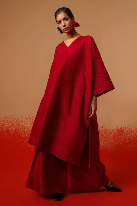 Shop_Stoique_Red Silk Embroidery V-neck Flow Floral Pattern Tunic _Online_at_Aza_Fashions