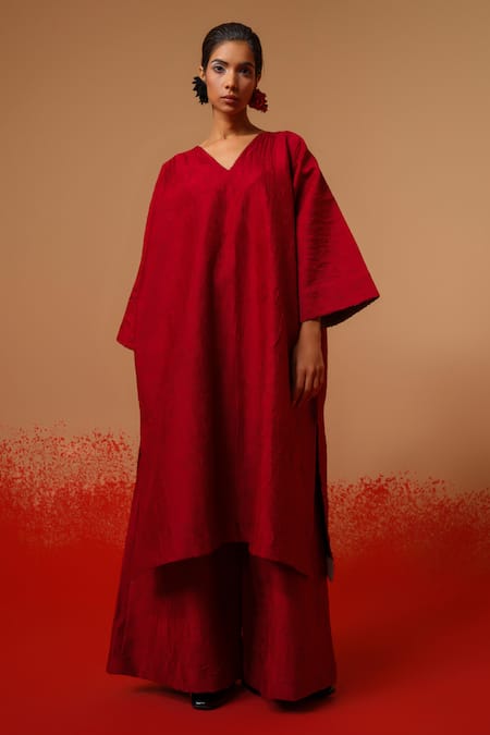 Stoique_Red Silk Embroidery V-neck Flow Floral Pattern Tunic _at_Aza_Fashions