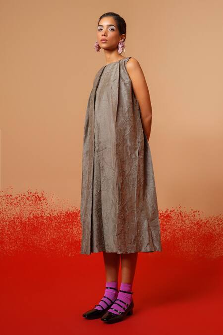 Buy_Stoique_Gray Silk Round Neck Stone Mysore Dress _Online_at_Aza_Fashions