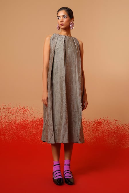 Shop_Stoique_Gray Silk Round Neck Stone Mysore Dress _Online_at_Aza_Fashions