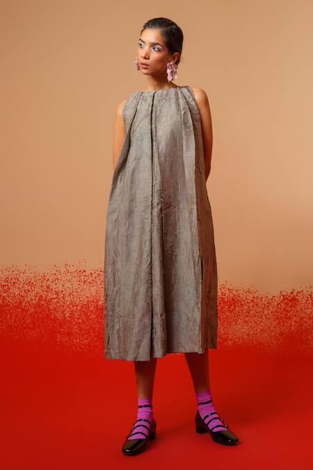 Stoique_Gray Silk Round Neck Stone Mysore Dress _at_Aza_Fashions