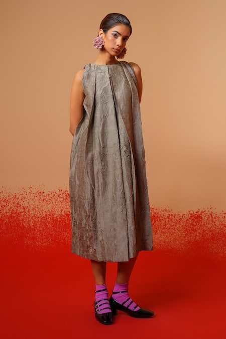 Stoique Gray Silk Round Neck Stone Mysore Dress 