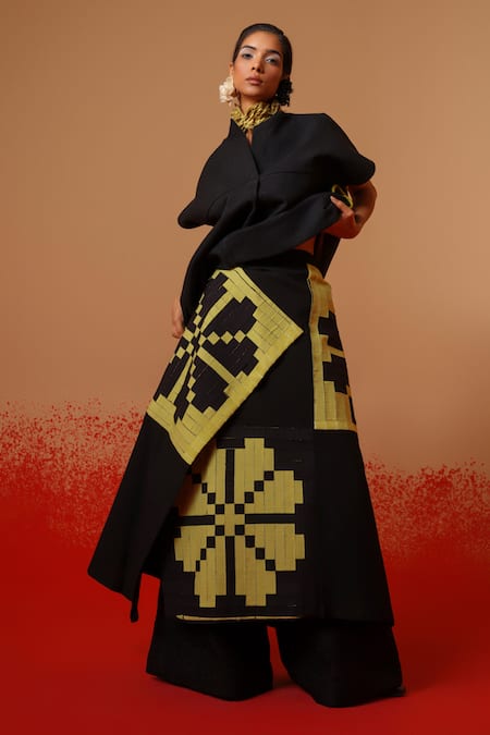 Stoique_Black Cotton Ember Floral Pattern Skirt _at_Aza_Fashions