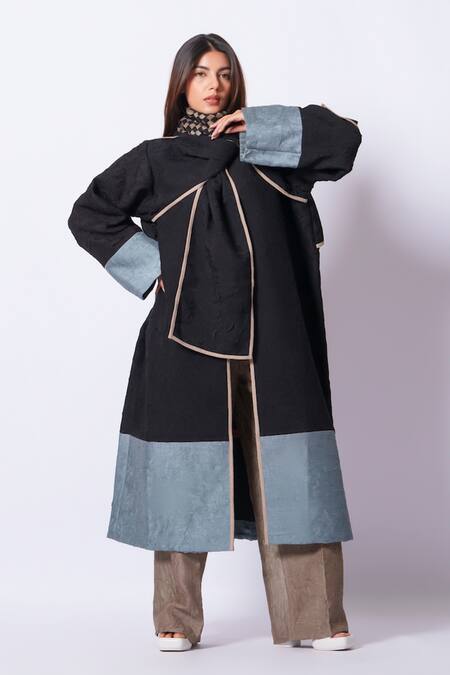 Stoique_Black Silk Round Neck Stone Mysore Overlay Jacket _Online_at_Aza_Fashions