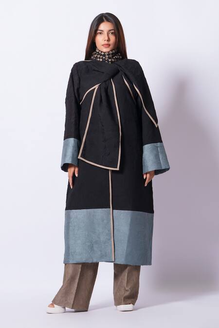 Buy_Stoique_Black Silk Round Neck Stone Mysore Overlay Jacket _Online_at_Aza_Fashions