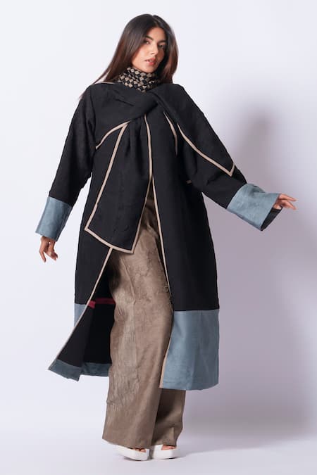 Shop_Stoique_Black Silk Round Neck Stone Mysore Overlay Jacket _Online_at_Aza_Fashions