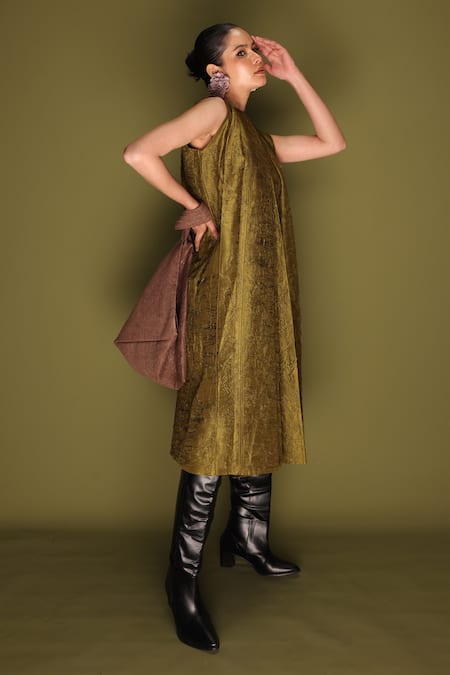 Stoique_Olive Green Silk Round Neck Stone Mysore Dress _Online_at_Aza_Fashions