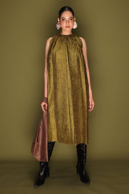 Stoique Olive Green Silk Round Neck Stone Mysore Dress 