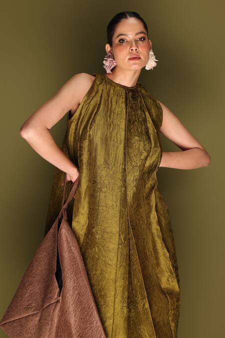 Buy_Stoique_Olive Green Silk Round Neck Stone Mysore Dress _Online_at_Aza_Fashions