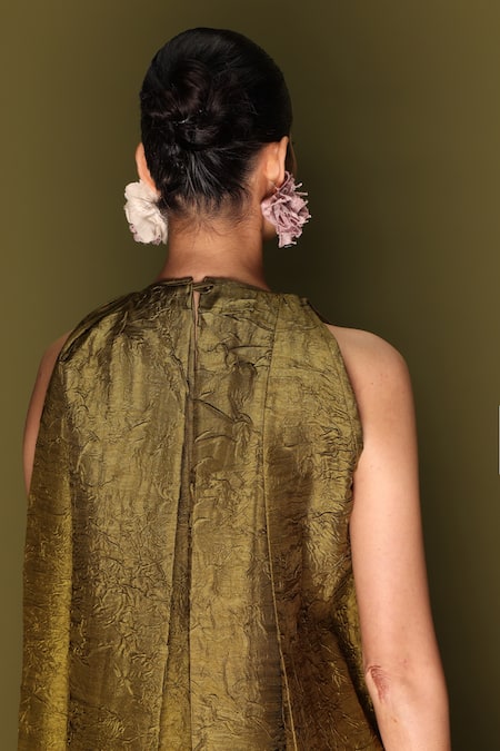 Shop_Stoique_Olive Green Silk Round Neck Stone Mysore Dress _Online_at_Aza_Fashions
