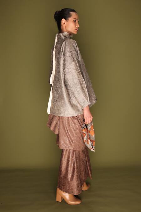 Stoique_Gray Silk V-neck Ripple Top _Online_at_Aza_Fashions