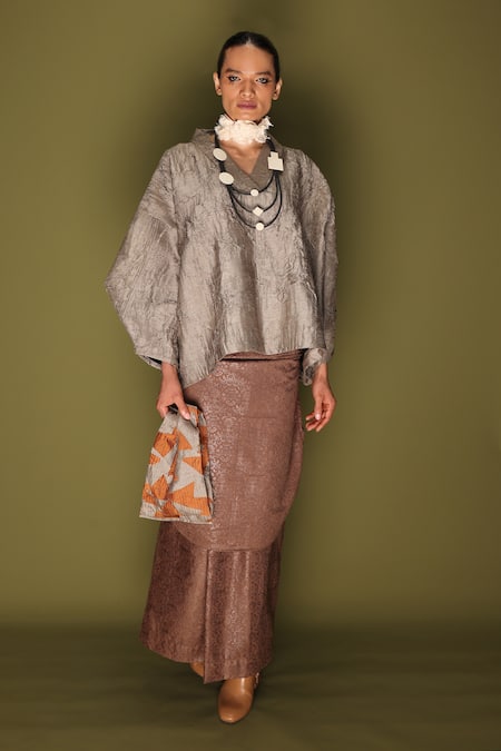 Buy_Stoique_Gray Silk V-neck Ripple Top _Online_at_Aza_Fashions