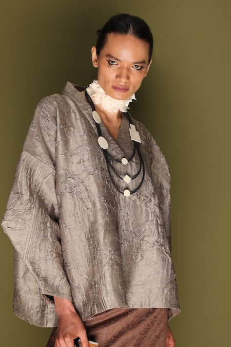 Shop_Stoique_Gray Silk V-neck Ripple Top _Online_at_Aza_Fashions