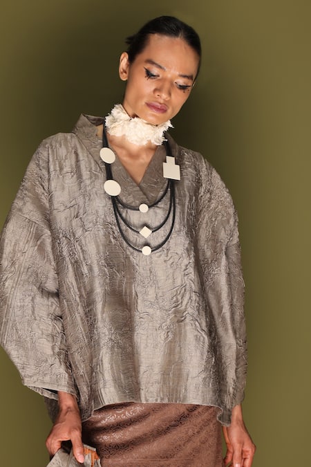 Stoique_Gray Silk V-neck Ripple Top _at_Aza_Fashions