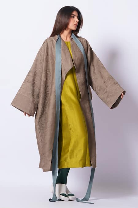 Stoique_Gray Silk Open Neck Mysore Overlay Jacket _Online_at_Aza_Fashions