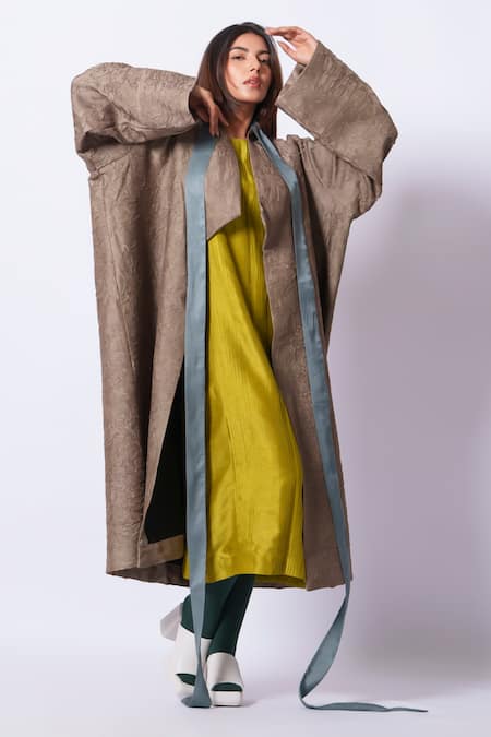Buy_Stoique_Gray Silk Open Neck Mysore Overlay Jacket _Online_at_Aza_Fashions