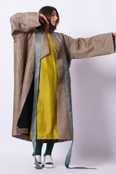 Shop_Stoique_Gray Silk Open Neck Mysore Overlay Jacket _Online_at_Aza_Fashions