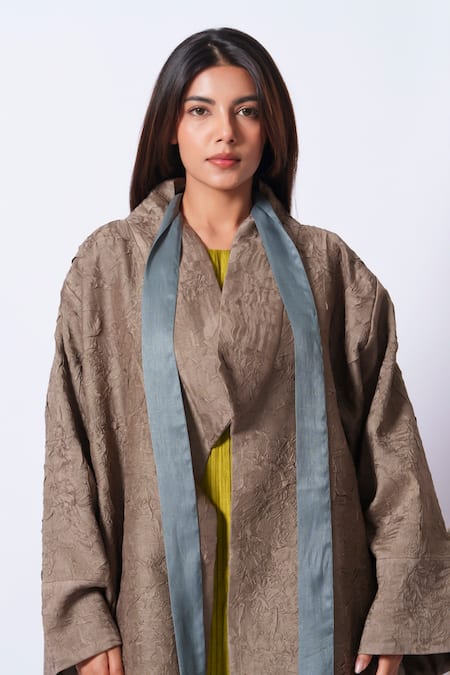 Stoique_Gray Silk Open Neck Mysore Overlay Jacket _at_Aza_Fashions