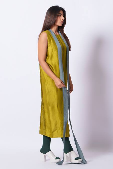 Stoique_Lime Silk Round Neck Leaf Mysore Dress _Online_at_Aza_Fashions
