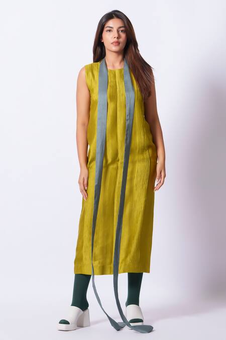 Buy_Stoique_Lime Silk Round Neck Leaf Mysore Dress _Online_at_Aza_Fashions