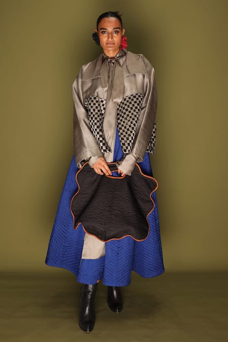 Stoique_Gray Silk Open Neck Mysore Drift Overlay Jacket _Online_at_Aza_Fashions