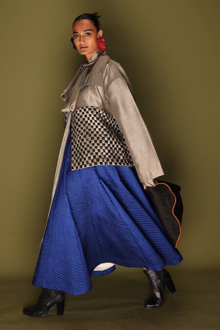 Buy_Stoique_Gray Silk Open Neck Mysore Drift Overlay Jacket _Online_at_Aza_Fashions