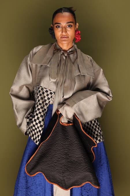 Shop_Stoique_Gray Silk Open Neck Mysore Drift Overlay Jacket _Online_at_Aza_Fashions