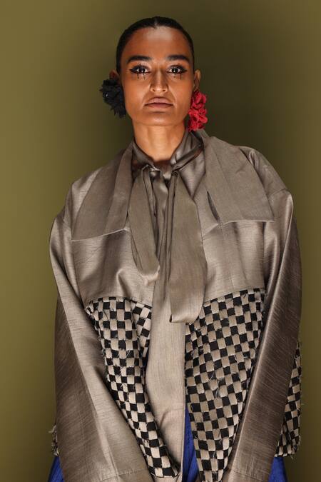 Stoique_Gray Silk Open Neck Mysore Drift Overlay Jacket _at_Aza_Fashions