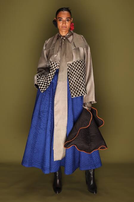 Stoique_Blue Silk Embroidery Loom Skirt _at_Aza_Fashions